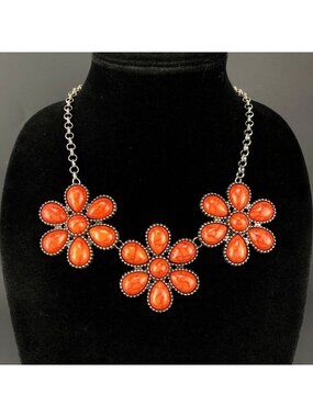 Kohls Metal Necklace Silver Tone Large Orange Flowers